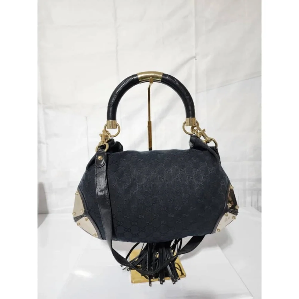 Authentic Gucci GG Canvas and Leather Medium Babouska Indy Hobo Bag Black
